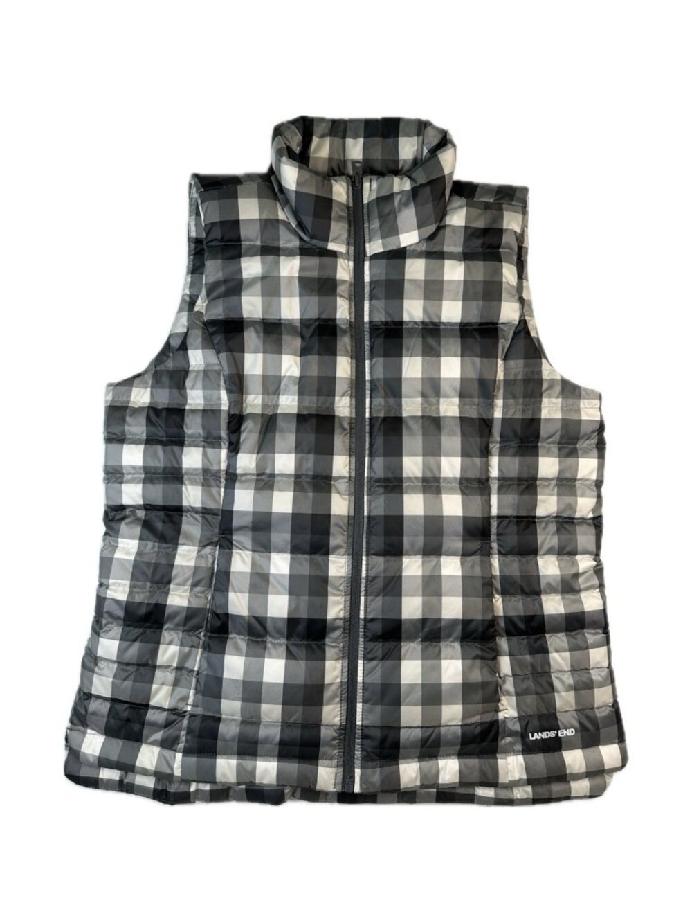 Lands End Plaid 600 Down Feather Full Zip Winter Snow Vest Womens Medium Gray